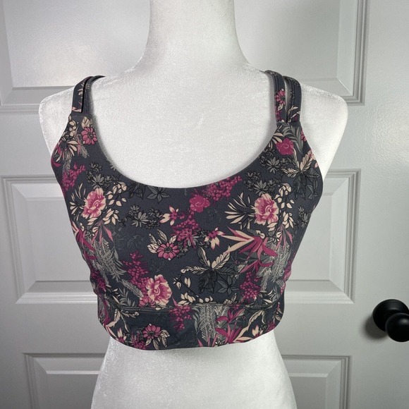 Freely Sports Bra Grey Pink Floral Strappy Racerback Crisscross Size L Large - Picture 2 of 7
